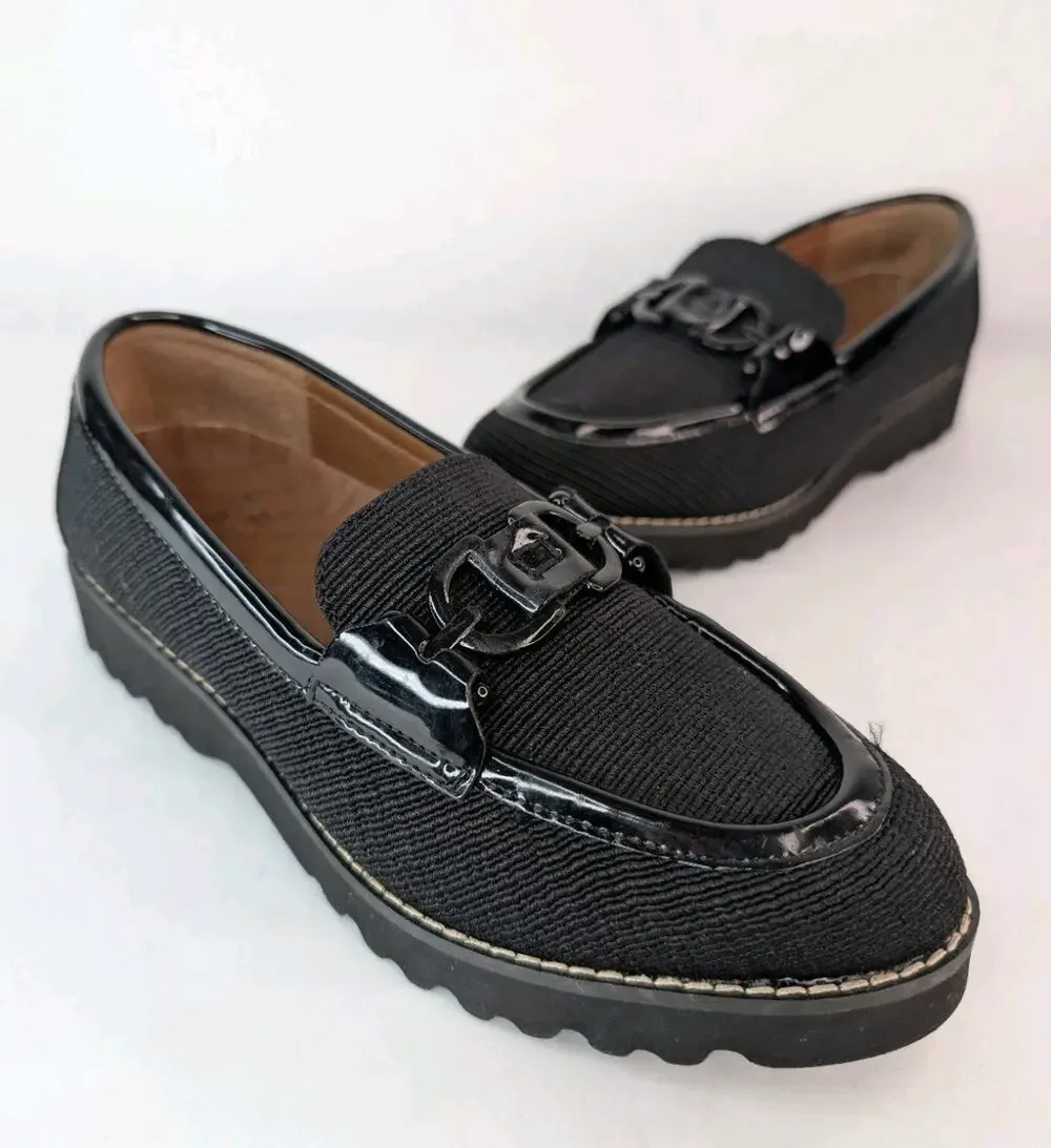 Donald Pliner Clio Black Patent Fabric Slipon Preppy Loafers Size 6